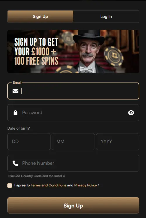 Harrys Casino signup form showing registration fields to guide new users on how to join.