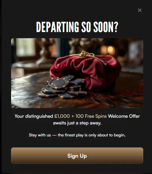 Harrys Casino popup with a bag of chips to encourage users to sign up and stay on the site.