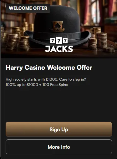 Harrys Casino homepage banner showcasing a welcome bonus of £1000 plus 100 free spins.