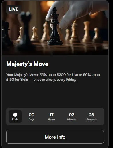 Harrys Casino promotional offer card for a Friday bonus to incentivize live and slot gameplay.