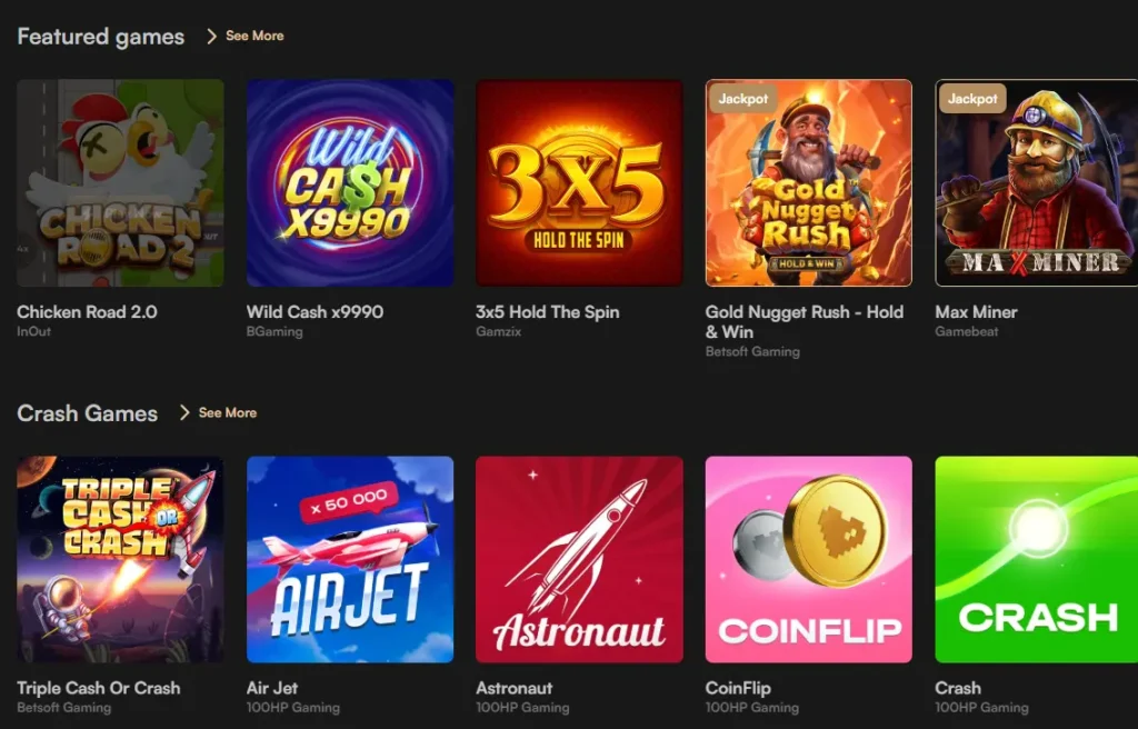 Harrys Casino featured and crash games section showcasing popular titles and variety for players.