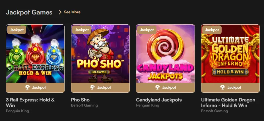 Harrys Casino jackpot games section featuring various slots to highlight winning opportunities.