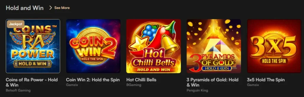 Harrys Casino Hold and Win slots section featuring various jackpot games to highlight big wins.