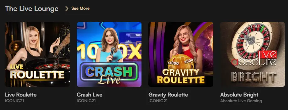 Harrys Casino Live Lounge section featuring live roulette and crash games for real-time play.