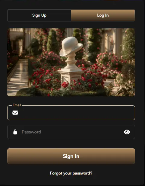 Harrys Casino login form with a decorative hat statue to provide user access to their account.