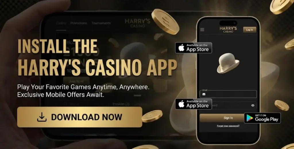 Harrys Casino app download banner featuring smartphones to promote mobile installation.