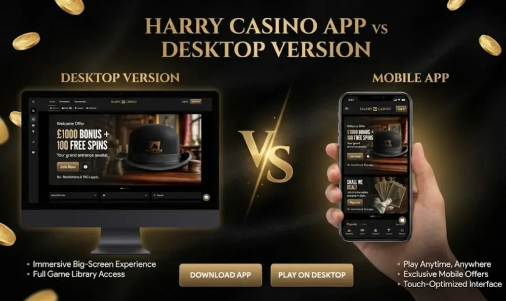 Harry Casino App vs Desktop comparison banner with features to guide users.