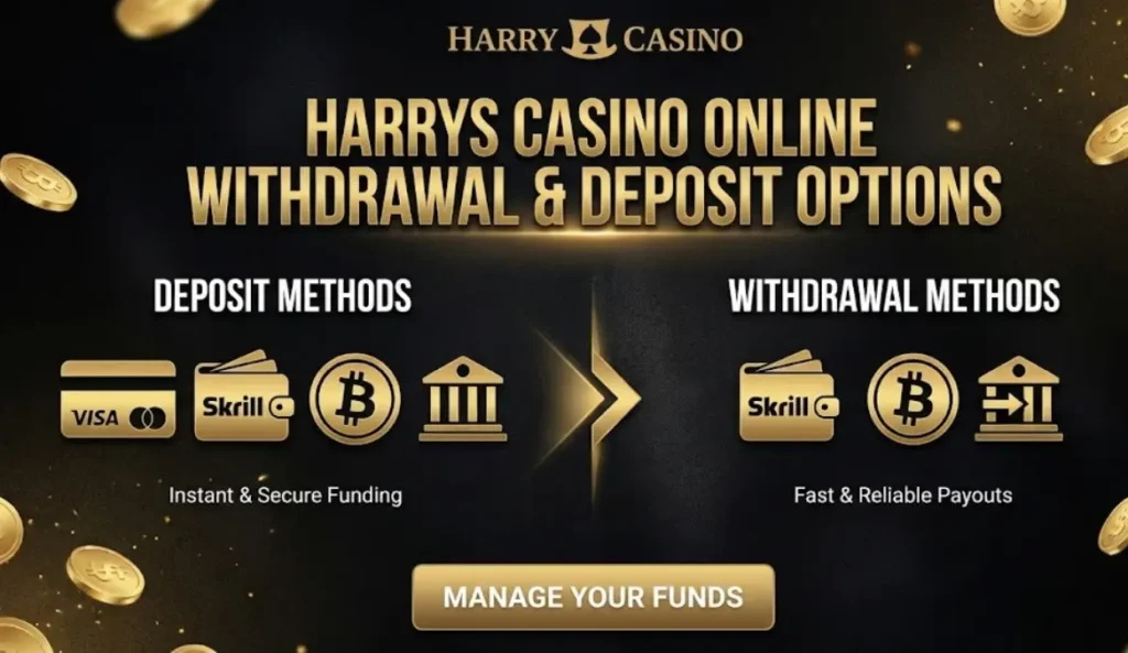 Harrys Casino banner showcasing secure online deposit and fast withdrawal payment options.