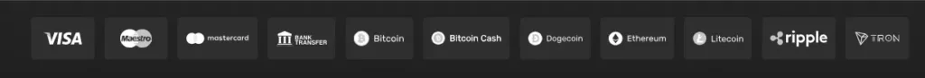 Harrys Casino payment methods including credit cards and cryptocurrencies for deposits and withdrawals.