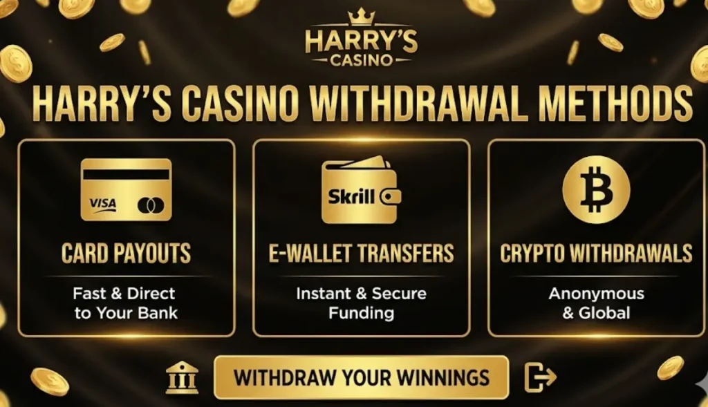 Harrys Casino withdrawal methods banner with card, e-wallet, and crypto options for cashing out.