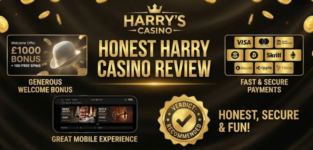 Harry's Casino review banner summarizing features like bonuses, payments, and a recommended verdict.