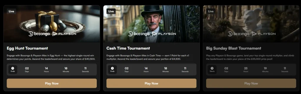 Promotional banners for Harry's Casino tournaments including Egg Hunt and Cash Time events.