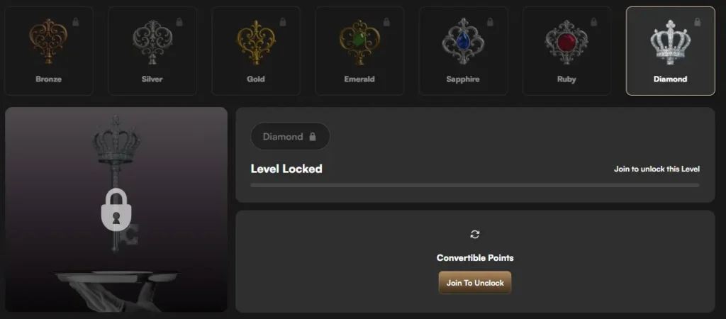 Harry Casino VIP Diamond level interface showing locked rewards to encourage player progression