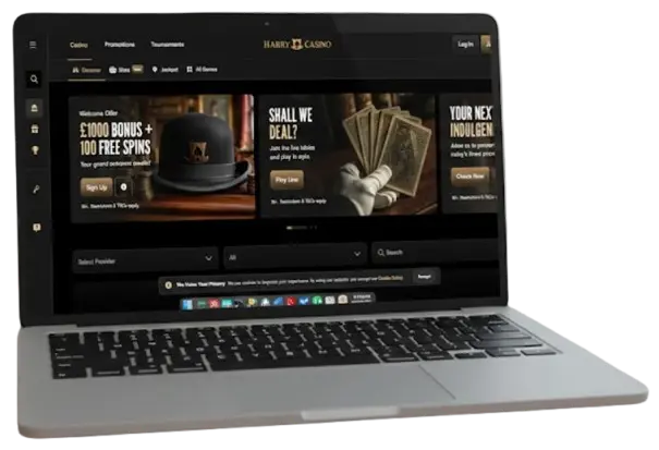 Harrys Casino website displayed on a laptop screen to showcase mobile and desktop compatibility.