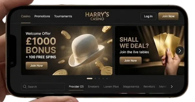 A horizontal smartphone displaying the Harry's Casino homepage, showcasing its mobile-friendly interface and promotions.