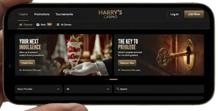 Smartphone held horizontally, displaying the Harry's Casino mobile site with promotions.