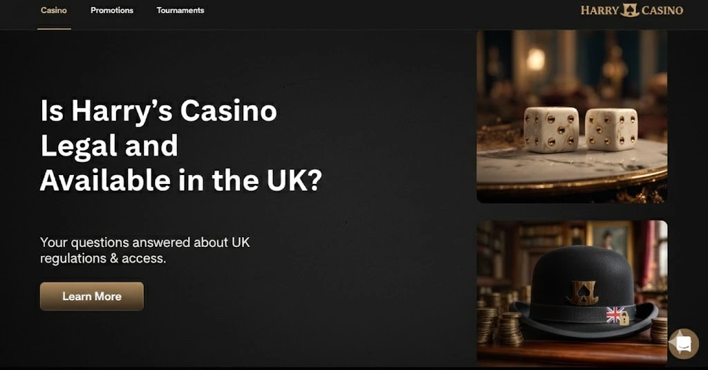 Harrys Casino banner detailing UK legal status and regulations for clear player information.